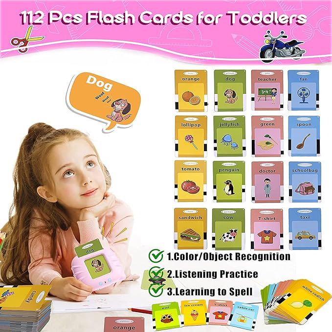 Talking Flash Cards Learning Toys, English Words Learning Card Machinee for Kids,Device with Flash Cards Spelling Game Gifts for Preschool Kids Boys Girls Toddlers Age 2 3 4 5