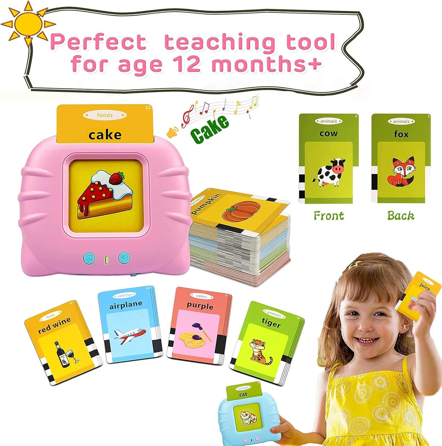 Talking Flash Cards Learning Toys, English Words Learning Card Machinee for Kids,Device with Flash Cards Spelling Game Gifts for Preschool Kids Boys Girls Toddlers Age 2 3 4 5